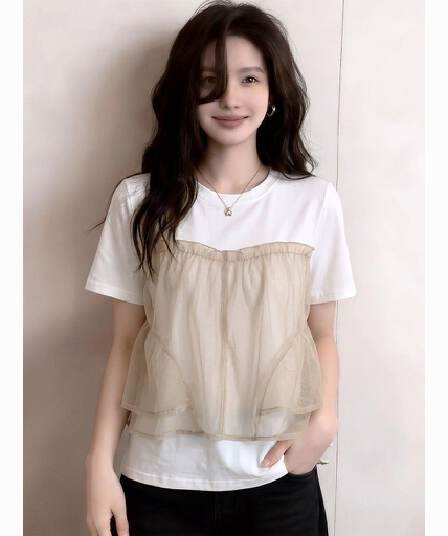 여름 유럽 상품 망사 패치워크 페이크 레이어드 맨위 미니멀리즘 캐주얼 다용도 반팔 티셔츠
