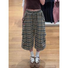批发美式复古格子刺绣慵懒风七分裤女夏季新款松弛感阔腿裤休闲<b class='q'>短裤</b>子