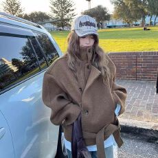 批发立领呢子大衣女2026新款秋冬季高级感小个子系带收腰短款毛呢外套