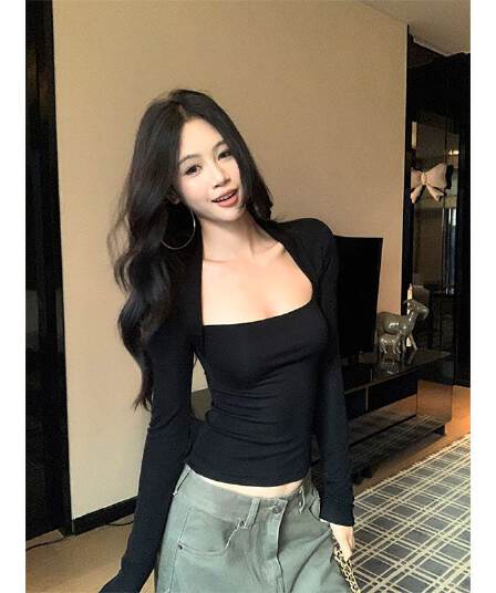 원본 것 이전 너비 이중층 핫걸 검정색 몸매 가꾸기 슬림해 보이는 긴팔 티셔츠 가을 인사이드 잡아라. 의류 여성