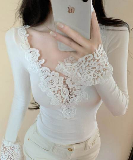 모방 면 디자인 센스 패치워크 V넥 긴팔 티셔츠 여성 가을 몸매 가꾸기 인사이드 가져 가라. 순수한 욕망 바람 만나는 맨위