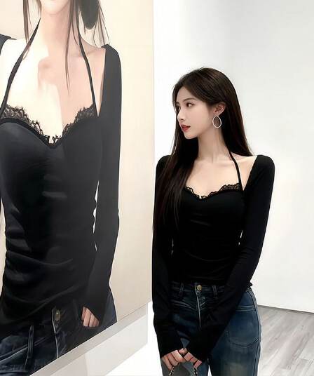 모방 면 벨트 가슴 패드 레이스 티셔츠 여성 봄 가을 긴팔 행침 목 핫걸 기본 셔츠 맨위 여성