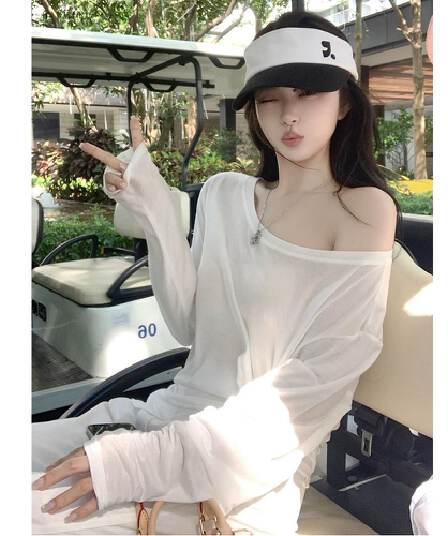 대나무 마디 리브 자외선 차단 블라우스 여성 2026 섹션 루즈핏 긴팔 티셔츠 핫걸 순수한 욕망 마이크로 ~을 통해 비스듬한 어깨 의류