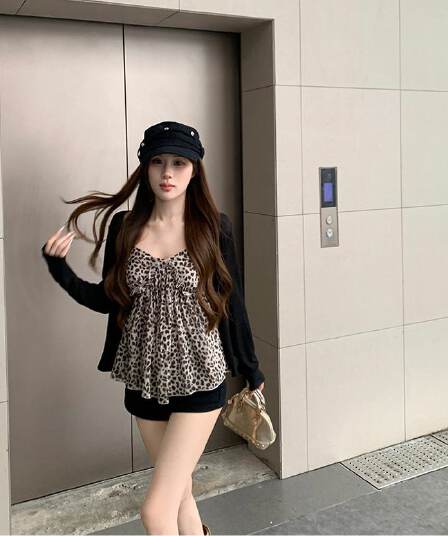 사람들 면 쉬폰 레오파드 무늬 V넥 캐미솔 인사이드 가져 가라. 외출용 이른 가을 핫걸 착용 가져 가라. 민소매 맨위