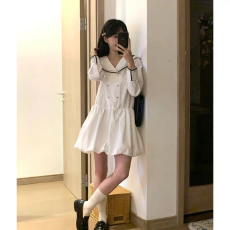 批发韩系时尚设计感小众海军领拼接<b class='q'>连衣裙</b>女学生夏季收腰显瘦花苞裙子