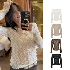 批发韩版时尚气质钩花镂空<b class='q'>花朵</b>长袖蕾丝衫女秋冬打底衫