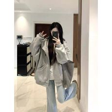 批发韩版美式复古高领开衫空气层连帽卫衣女灰色拉链外套