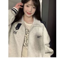 批发(华棉复合)美式复古翻领撞色拉链卫衣外套女春秋休闲情侣<b class='q'>夹克</b>上衣