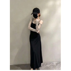 批发早秋季新款法式高级感大方得体<b class='q'>女装</b>穿搭斜肩波点内搭连衣裙子