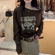 批发<b class='q'>大码</b>美式复古字母斜肩长袖t恤女早秋款胖mm宽松显瘦独特露肩<b class='q'>上衣</b>