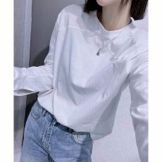 批发春秋新款简约白色打底衫女内搭纯棉宽松衬衫袖别致长袖t恤上衣ins