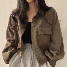 批发<b class='q'>韩国</b>chic春秋法式复古百搭排扣翻领短款灯芯绒衬衫长袖外套女抽绳