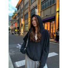 批发韩版磨毛卫衣女秋冬宽松加绒百搭灰色双拉链连帽外套
