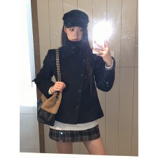 批发清冷气质韩系复古冬季百搭修身单排扣高领毛呢大衣外套