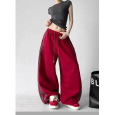 批发红色运动风阔腿卫裤女2026秋装新款<b class='q'>高腰</b>垂感条纹独特宽松休闲裤子