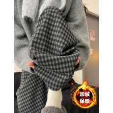 批发黑灰色毛呢格子休闲裤女秋冬加绒大码胖mm<b class='q'>高腰</b>遮胯垂感显瘦阔腿裤