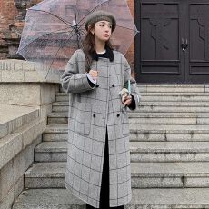 批发2026新款拼接复古设计感格子呢子大衣中长款韩系百搭秋冬毛呢外套