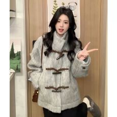 批发灰色立领牛角扣呢子大衣女新款毛呢外套小个子赫本风气质韩系