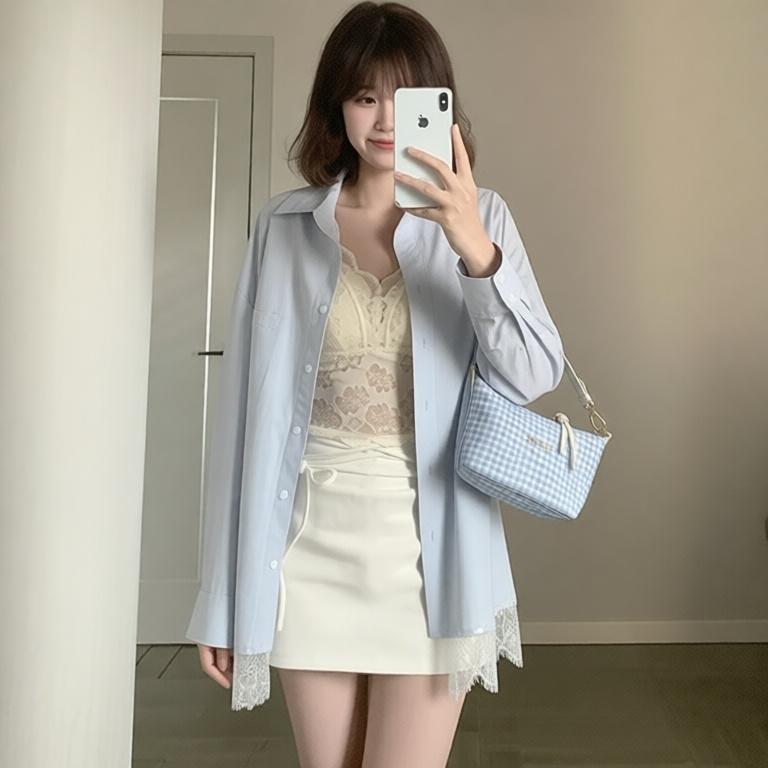 callmeear 오리지널 아이슬란드 뮤 S 루즈핏 레이스 셔츠 롱 코트 패치워크 반신 스커트 여름