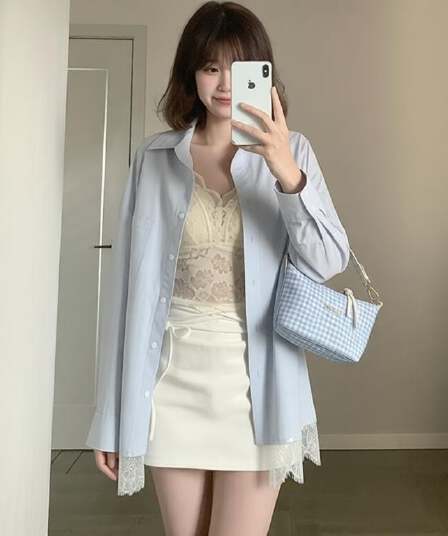 callmeear 오리지널 아이슬란드 뮤 S 루즈핏 레이스 셔츠 롱 코트 패치워크 반신 스커트 여름