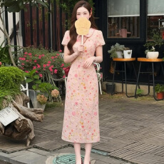 批发新中式国风长裙夏季收腰显瘦设计感小翻领碎花<b class='q'>印花</b>旗袍<b class='q'>连衣裙</b>女