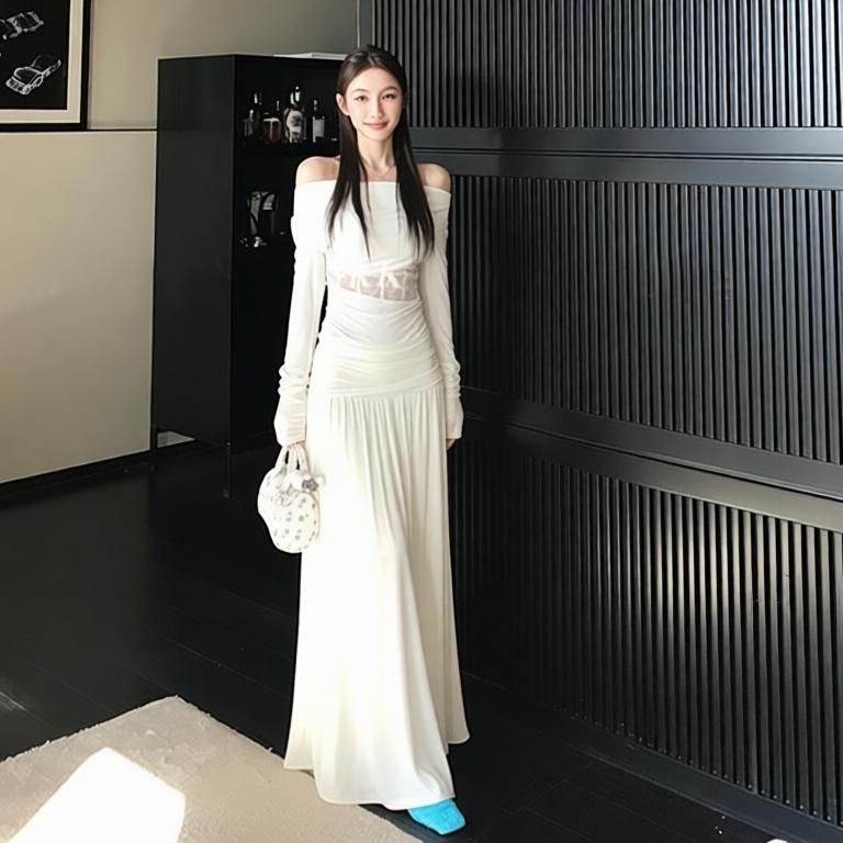 프랑스식 순수한 욕망 비스듬한 어깨 홀로우 아웃 드레스 아이들 2026 새로운 이른 봄 디자인 센스 허리 수축 슬림해 보이는 타이트 스커트 롱 스커트