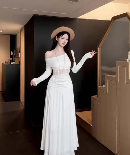 skkstore 향기로운 부드러운 crush 디자인 센스 어깨 한 개 빈 레이스 접기 바지를 입는 셔츠 하프 바디 치마 정장