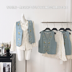 批发早春搭配一整套大码胖mm气质镂空<b class='q'>显瘦</b>衬衫叠穿马甲<b class='q'>牛仔裤</b>三件套女