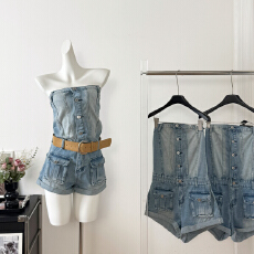 批发美式复古辣妹无袖抹胸<b class='q'>牛仔</b><b class='q'>连体裤</b>女装夏季别致连身裤显瘦蓝色短裤
