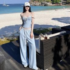 批发甜辣妹<b class='q'>套装</b>蓝色系带短款吊带背心女夏季气质高腰显瘦阔腿<b class='q'>裤</b><b class='q'>两件套</b>