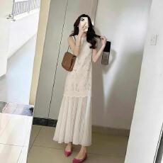 批发高级感法式复古重工镂空假两件百褶无袖背心<b class='q'>连衣</b>裙女气质<b class='q'>长裙</b>子夏
