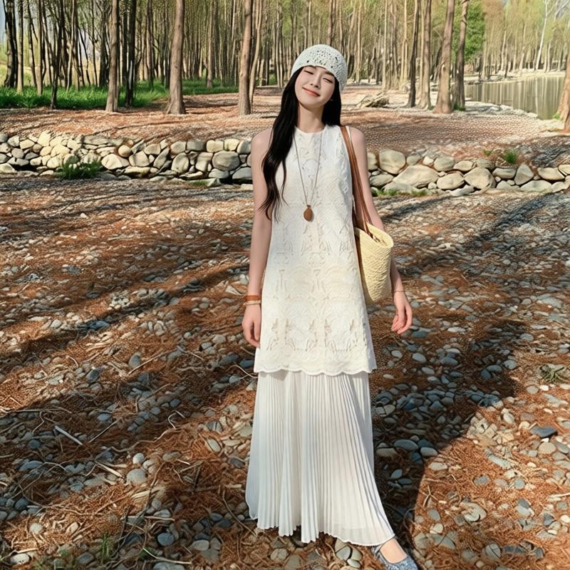 프랑스식 레트로 부드러운 무거운 작업 홀로우 아웃 자수 페이크 레이어드 플리츠 민소매 조끼 여성 드레스 품격 길다 치마