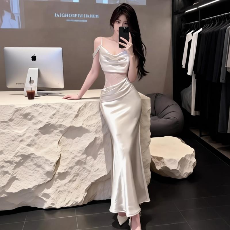 달 그림자 유리 흔들다 칼라 레이스 조각 슬립 드레스 펌프 Pleat 디자인 슬림해 보이는 새틴 롱 스커트