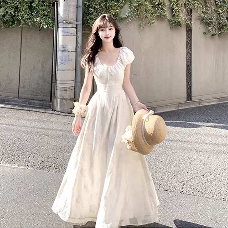 초기 꿈 pokemeng 정향 재스민 자카드 프랑스식 거품 소매 허리 수축 드레스 롱 스커트 A라인 스커트 여성 여름