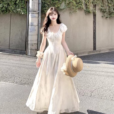 批发初梦POKEMENG 丁香茉莉 提花法式<b class='q'>泡泡袖</b>收腰<b class='q'>连衣裙</b>长裙A字裙女夏