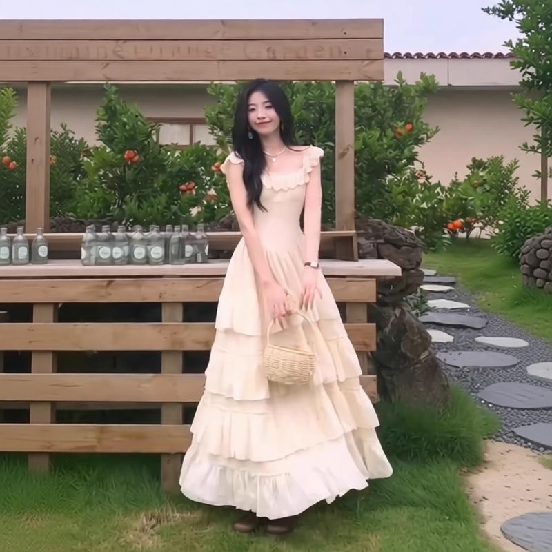 달콤함 슬립 여성 드레스 여름 고급 센스 부드러운 바람 첫사랑 공주 케이크 드레스 허리 수축 퍼프 길다 치마