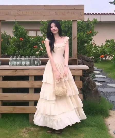 달콤함 슬립 여성 드레스 여름 고급 센스 부드러운 바람 첫사랑 공주 케이크 드레스 허리 수축 퍼프 길다 치마