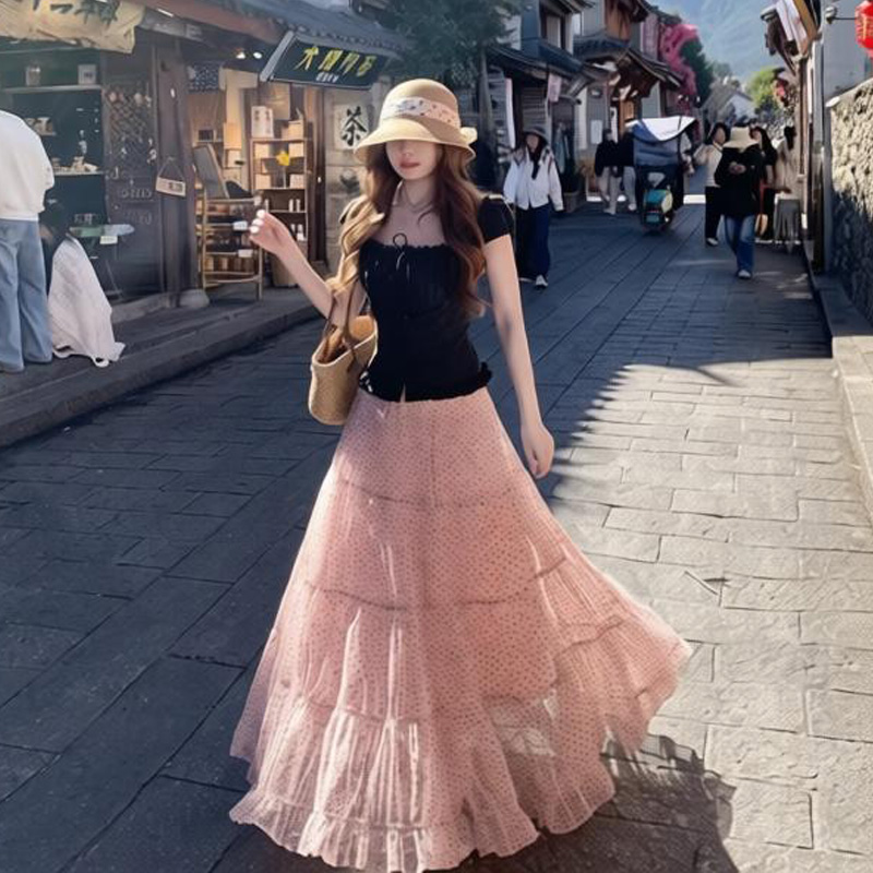 도트 무늬 대 치마 펌프 로프 허리밴드 도트 무늬 반신 스커트 하이웨이스트 한 마디 슬림해 보이는 롱 스커트 투피스 세트 세트