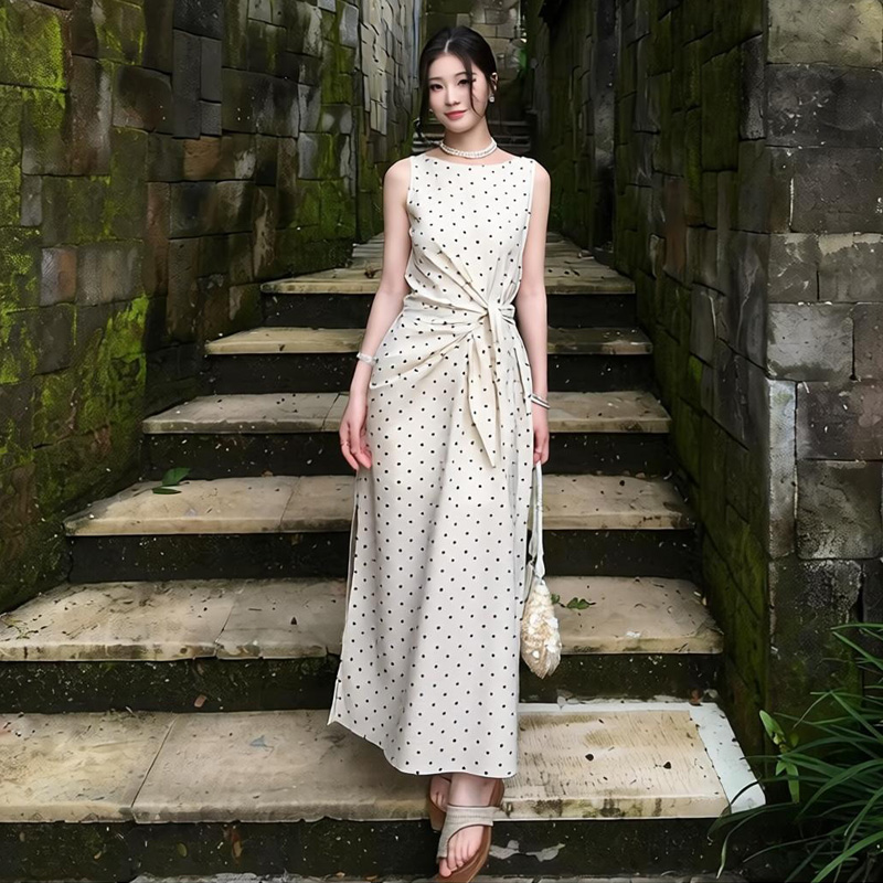 icelolly 아마 민소매 허리 수축 도트 무늬 조끼 여성 드레스 2026 봄 여름 특별 아름다운 꼬집기 허리 치마
