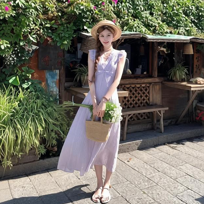 acaine 보라색 V넥 작은 날다 소매 허리 수축 롱 코트 여성 드레스 여름 프랑스식 레트로 품격 레이스 치마