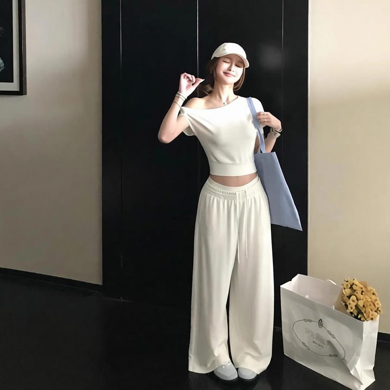 lazychic 사설 서비스 일상 나만의 것을 가져와 라. 향기로운 분위기 센스 아름다운 자매 후아 남편 그리드 비스듬한 어깨 티셔츠 스트레이트 캐주얼 바지