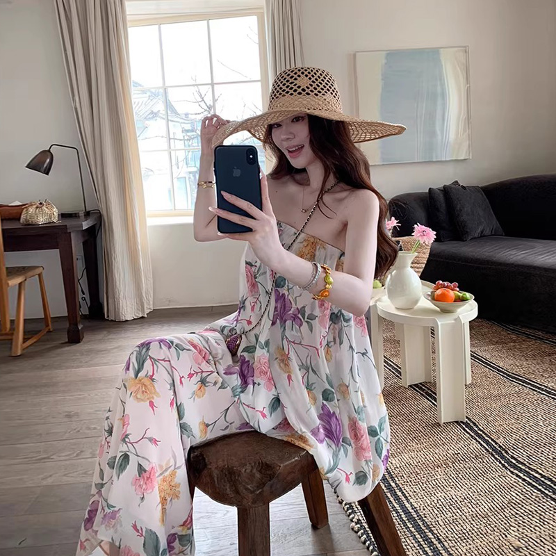 sya 크 사이 작은 웨스트 모네 정원 레트로 꽃무늬 튜브탑 세트 여성 여름 부드러운 인어 꼬리 반 스커트 투피스 세트