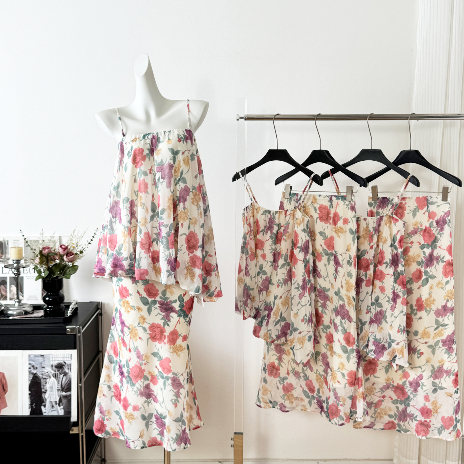 sya 크 사이 작은 웨스트 모네 정원 레트로 꽃무늬 튜브탑 세트 여성 여름 부드러운 인어 꼬리 반 스커트 투피스 세트