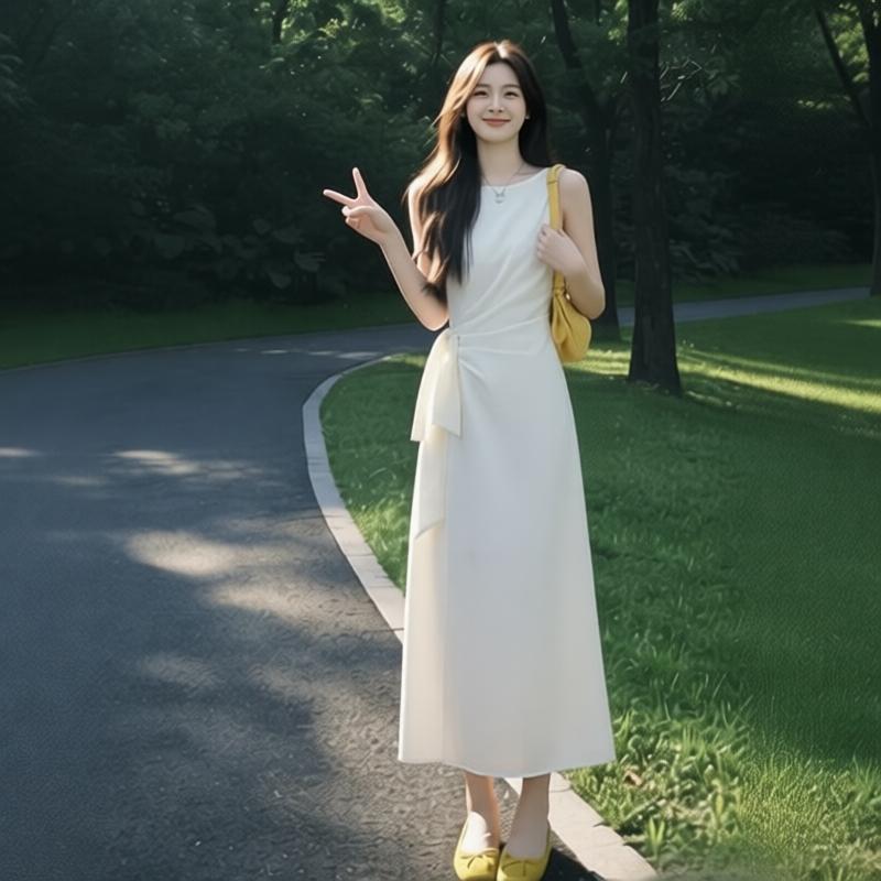 프랑스식 화이트 민소매 조끼 원피스 아이들 여름 2026 새로운 작은 키 아름다운 아름다운 허리 수축 롱 스커트