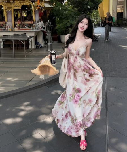 섹시함 프린트 V넥 슬립 백리스 여성 드레스 여름 해변가 휴가 순수한 욕망 핫걸 품격 허리 수축 길다 치마