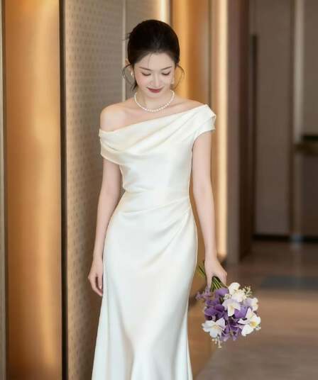 프랑스식 사회자 비스듬한 어깨 오프숄더 화이트 예복 생일 연례 회의 참여 드레스 아침 로브 라이센스 샤오 바이 치마