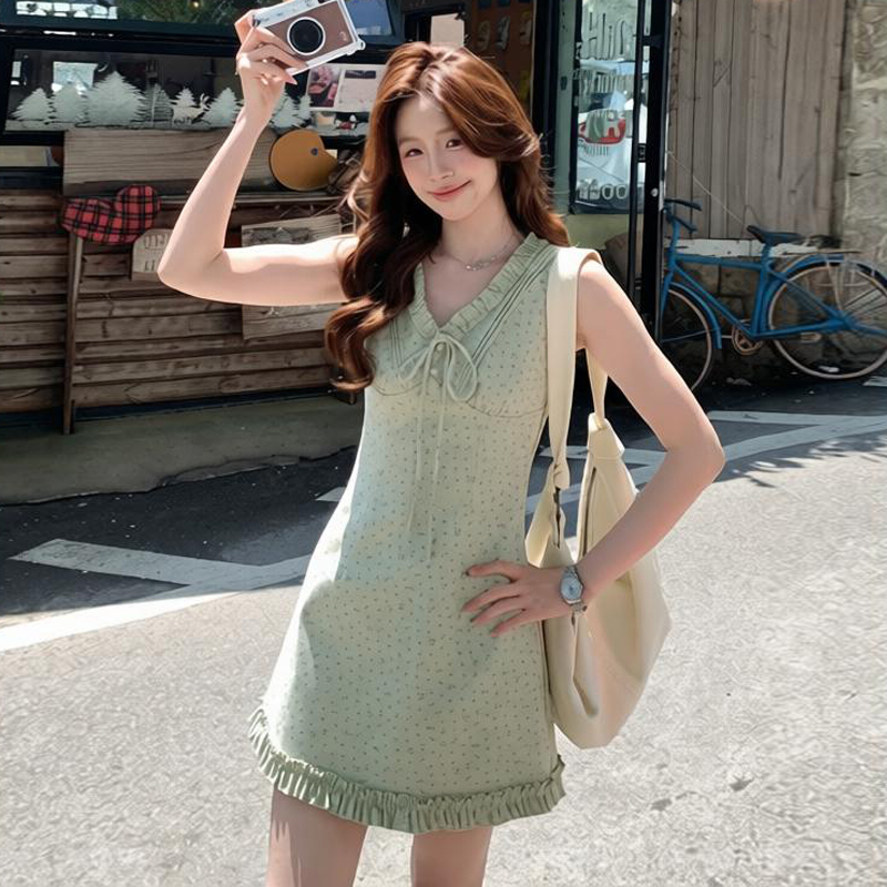 even 하나 원자바오 여름 녹색 복숭아 한 부서 높음 지혜 센스 민소매 여성 드레스 여름 부드러운 프릴 꽃무늬 치마