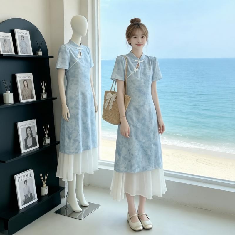 새로운 중식 블루 색 후광 염색 개선 치파오 드레스 여성 여름 새로운 허리 수축 슬림해 보이는 품격 패치워크 인어 꼬리 드레스
