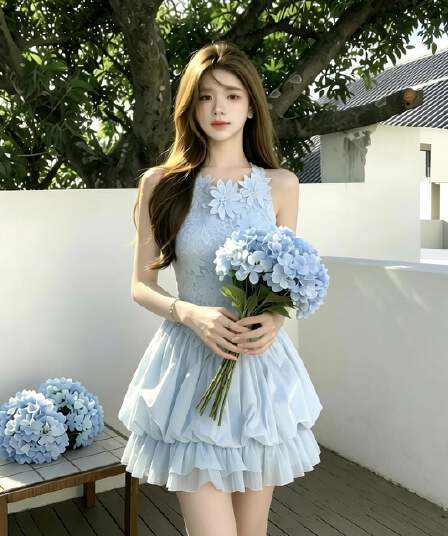 q 여자 집 6 10 떠 다니는 꽃 블루 黛 무거운 작업 3 차원 꽃 바다 소금 블루 해체 패치워크 민소매 몸매 가꾸기 꽃밭 드레스