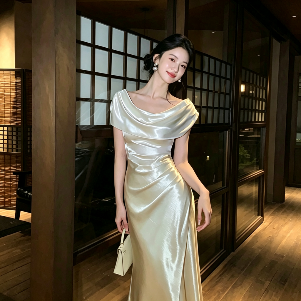 하나부터 순간 유 빛 빛 럭셔리 센스 흔들다 칼라 민소매 롱 스커트 펌프 Pleat 허리 수축 슬림해 보이는 우아함 분위기 센스 예복
